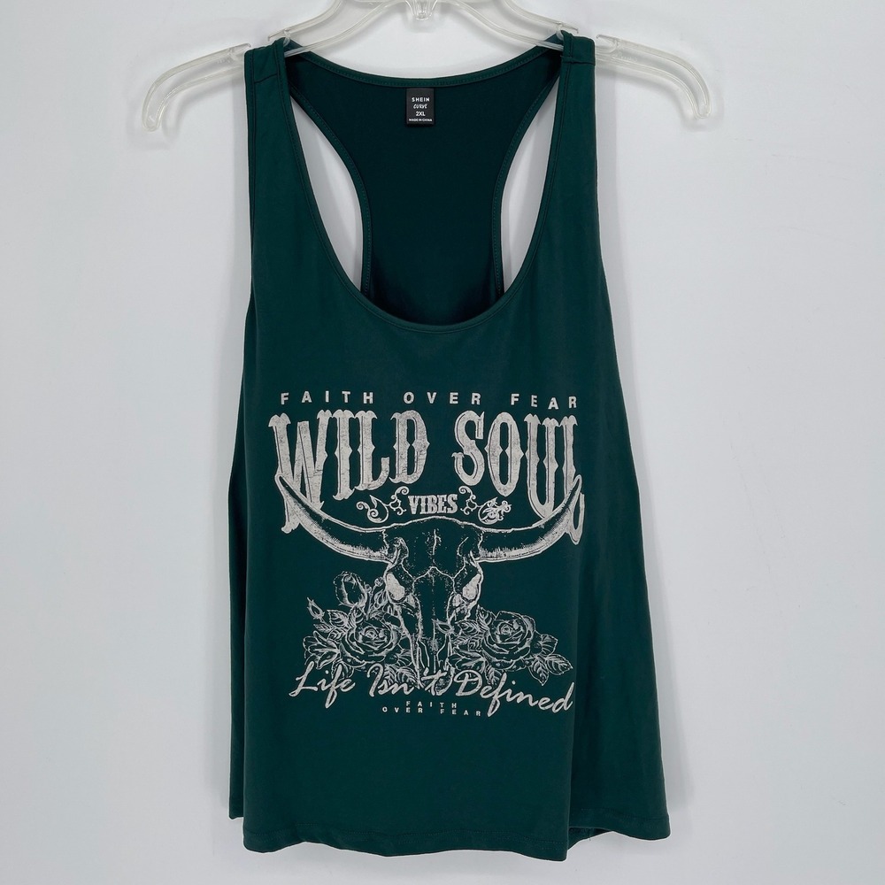 Shein Women's Green‎ Faith Over Fear Wild Soul Skull Graphic Tank Top Size 2XL